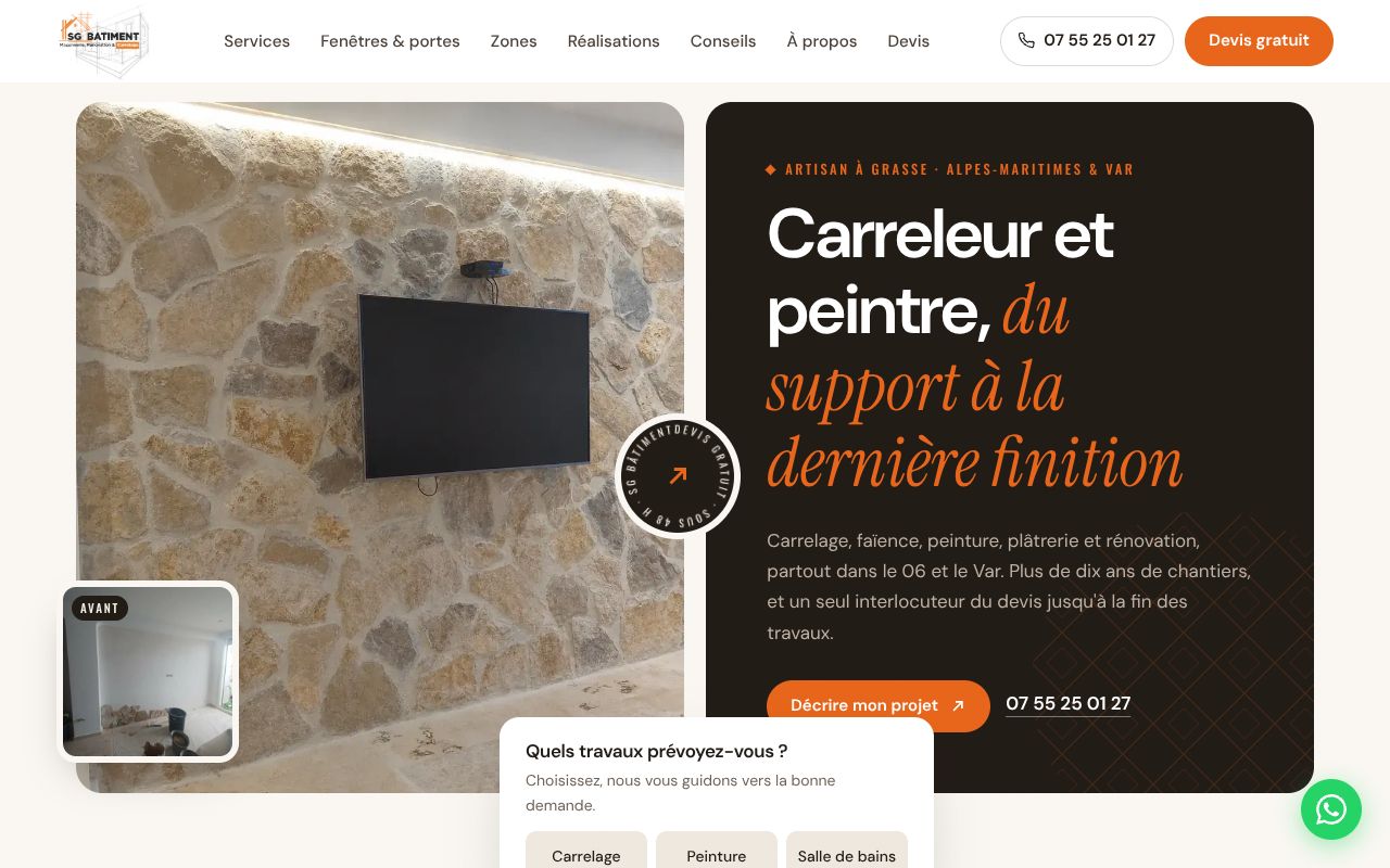 Page d’accueil du site de SG Bâtiment, carreleur et peintre à Grasse, réalisé par FullDo