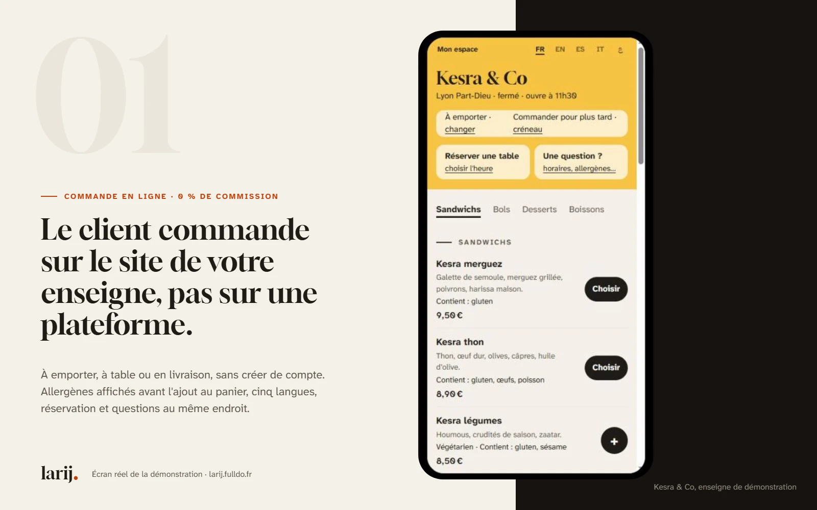 Écran Larij sur téléphone : carte en ligne de l'enseigne de démonstration Kesra & Co à Lyon Part-Dieu, avec choix à emporter ou commande programmée, réservation de table, question sur les allergènes, et sandwichs affichant prix et allergènes.